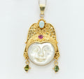 Vintage 18K Yellow Gold Sajen Goddess Face Mother of Pearl Opal Amethyst Peridot