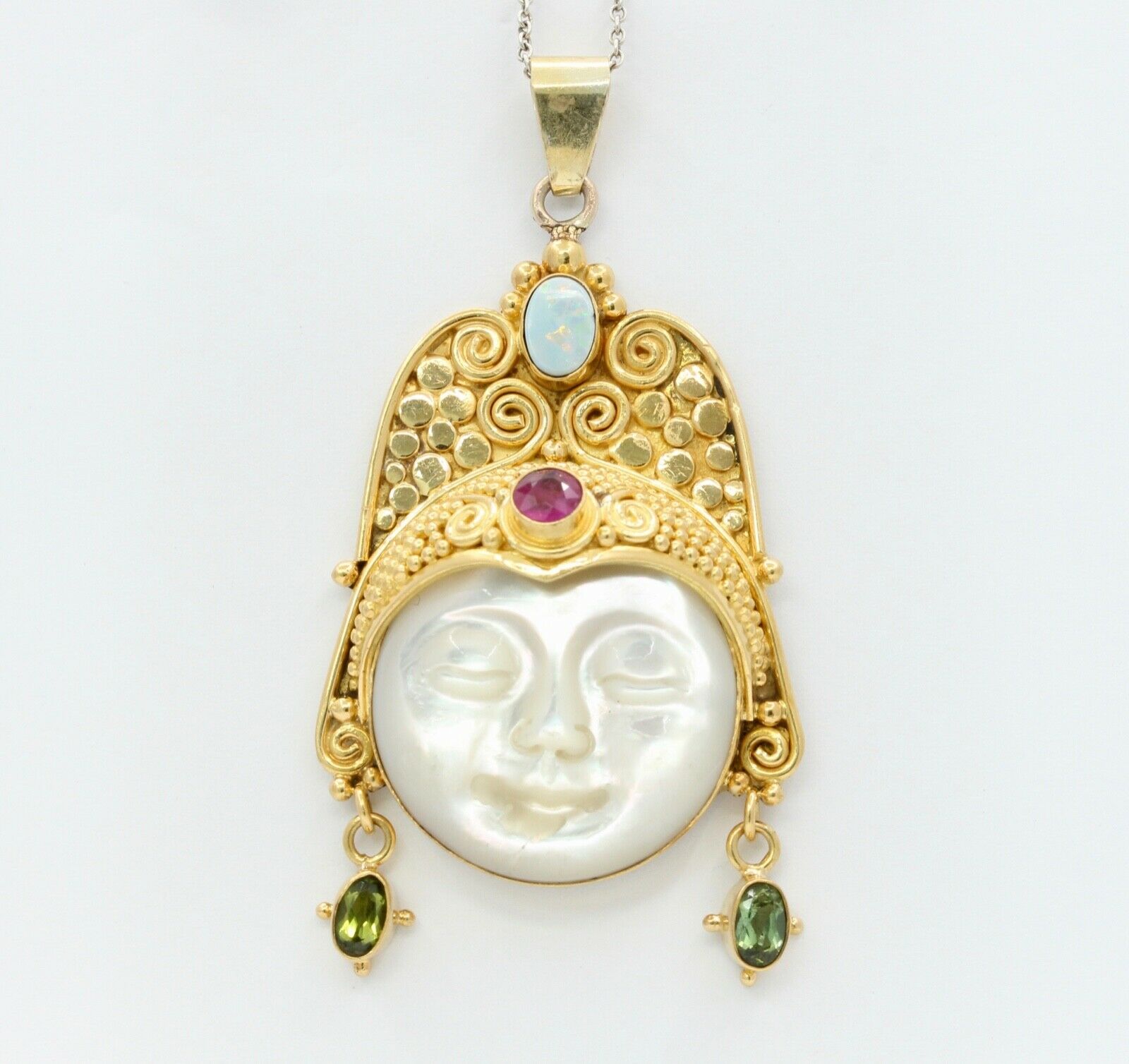 Vintage 18K Yellow Gold Sajen Goddess Face Mother of Pearl Opal Amethyst Peridot