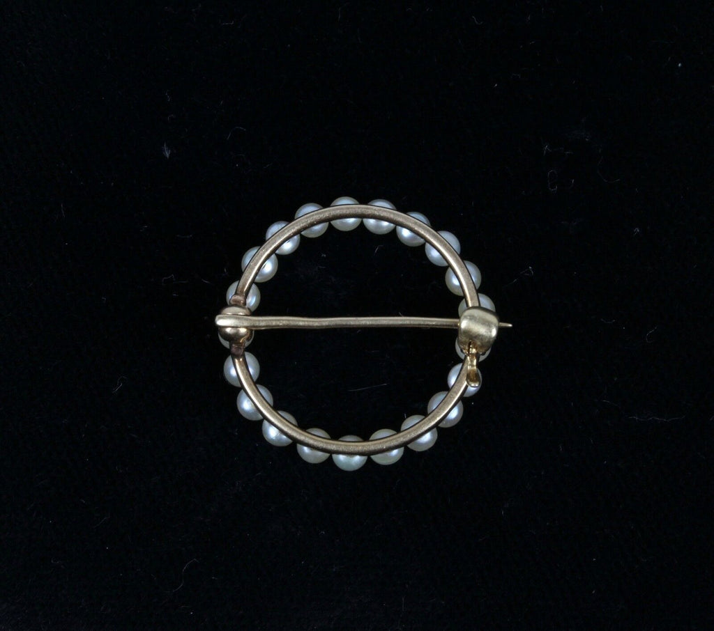 Vintage 14K Yellow Gold Seed Pearl Eternal Circle Pendant Pin