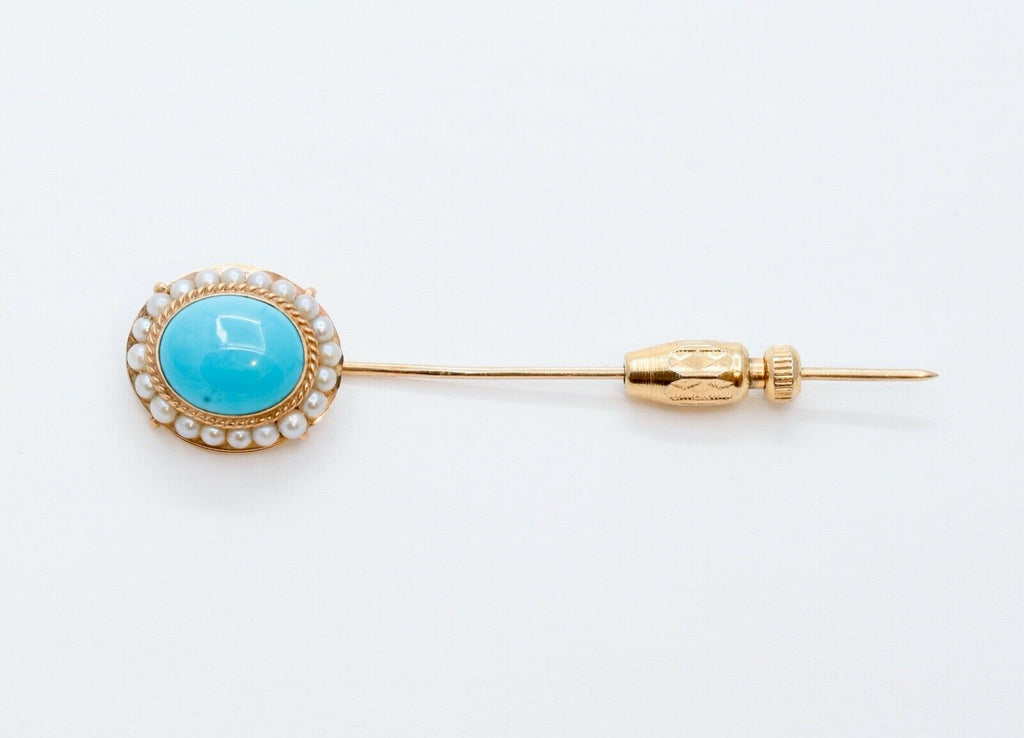 Vintage Ladies Turquoise Diamonds 14K Yellow Gold Stick Pin
