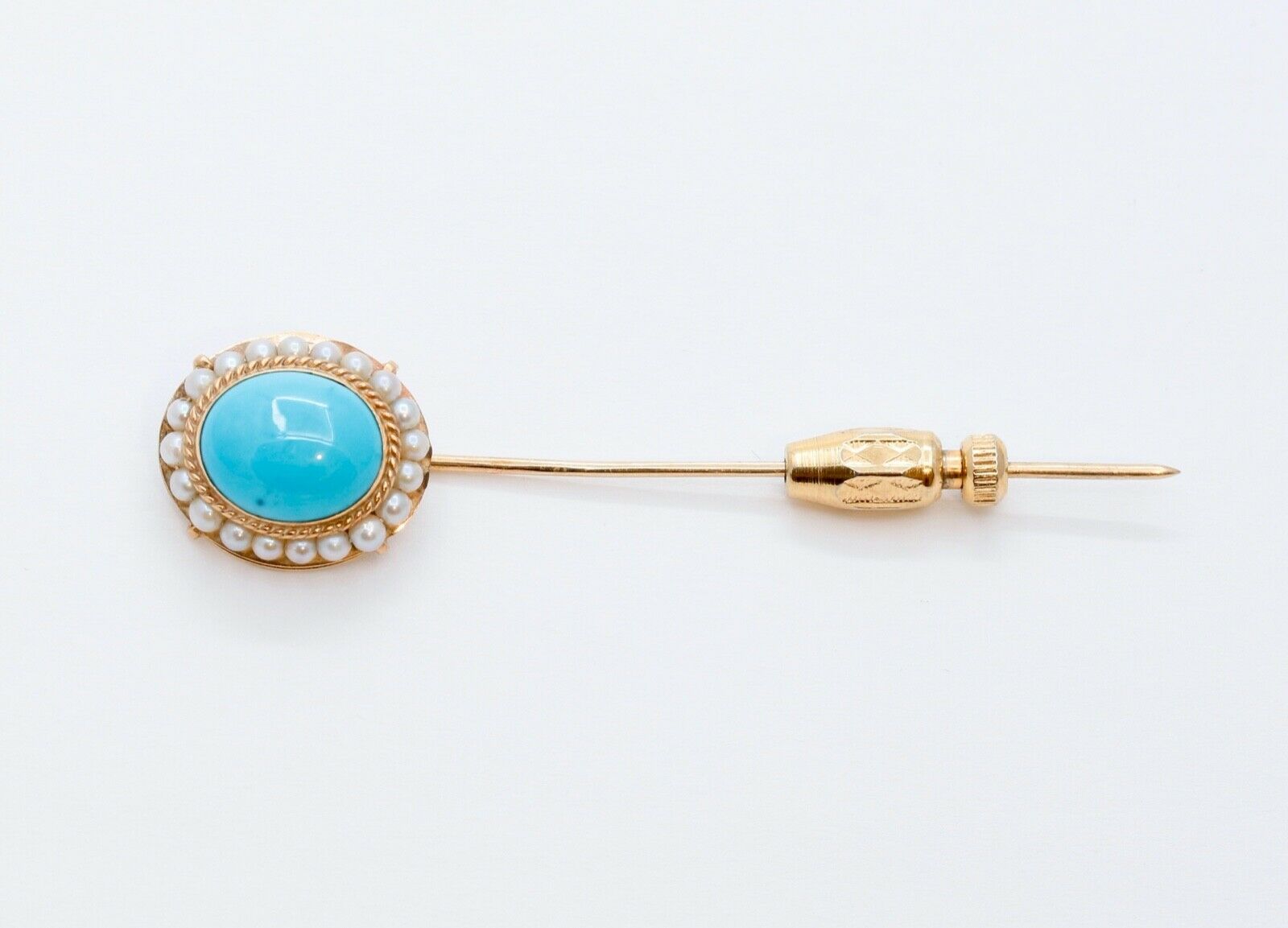 Vintage Ladies Turquoise Diamonds 14K Yellow Gold Stick Pin