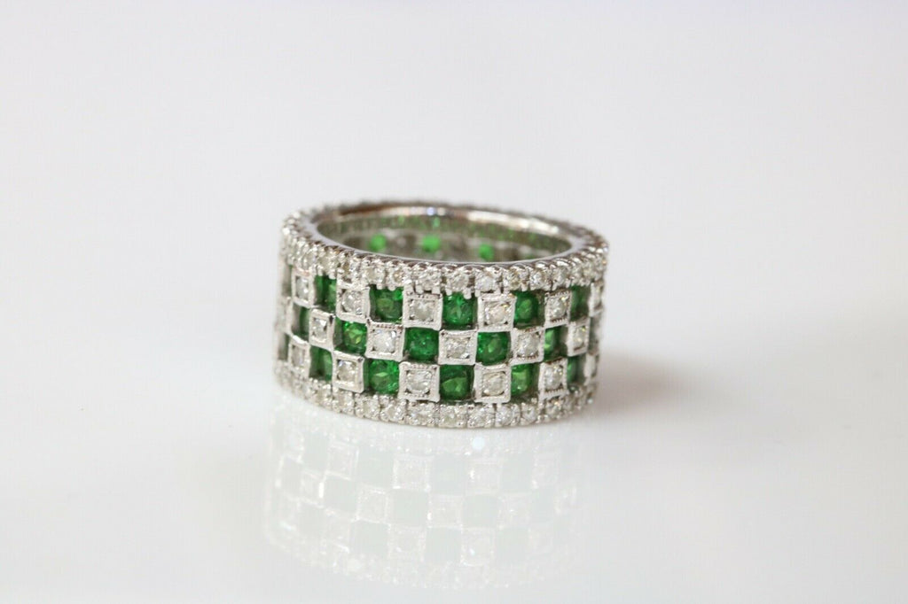 Vintage Checkerboard Tsavorite Garnet and Diamond 18K White Gold Ring