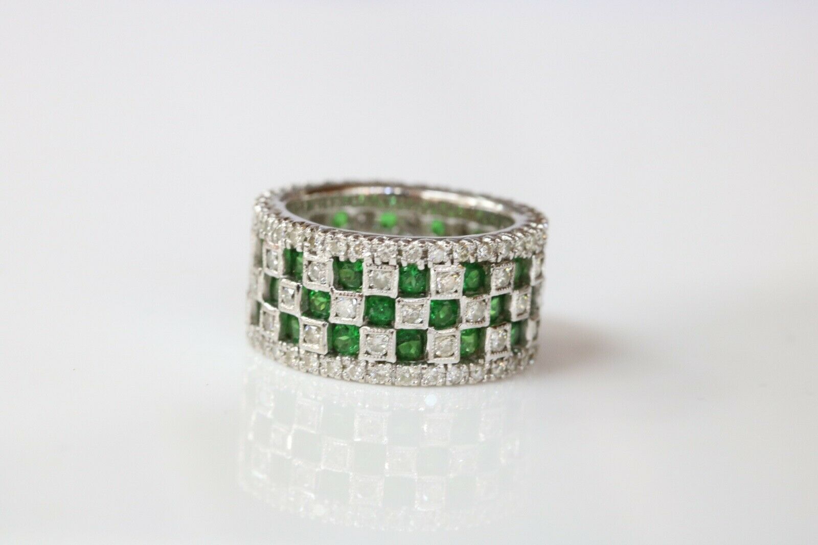 Vintage Checkerboard Tsavorite Garnet and Diamond 18K White Gold Ring