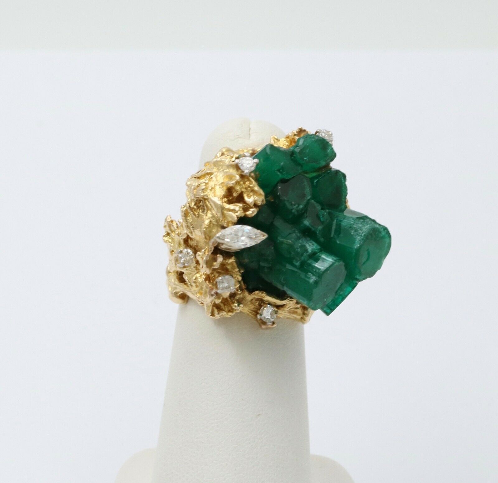 Vintage Brutalist Chatham Emerald Diamonds 14K Yellow Gold Ring