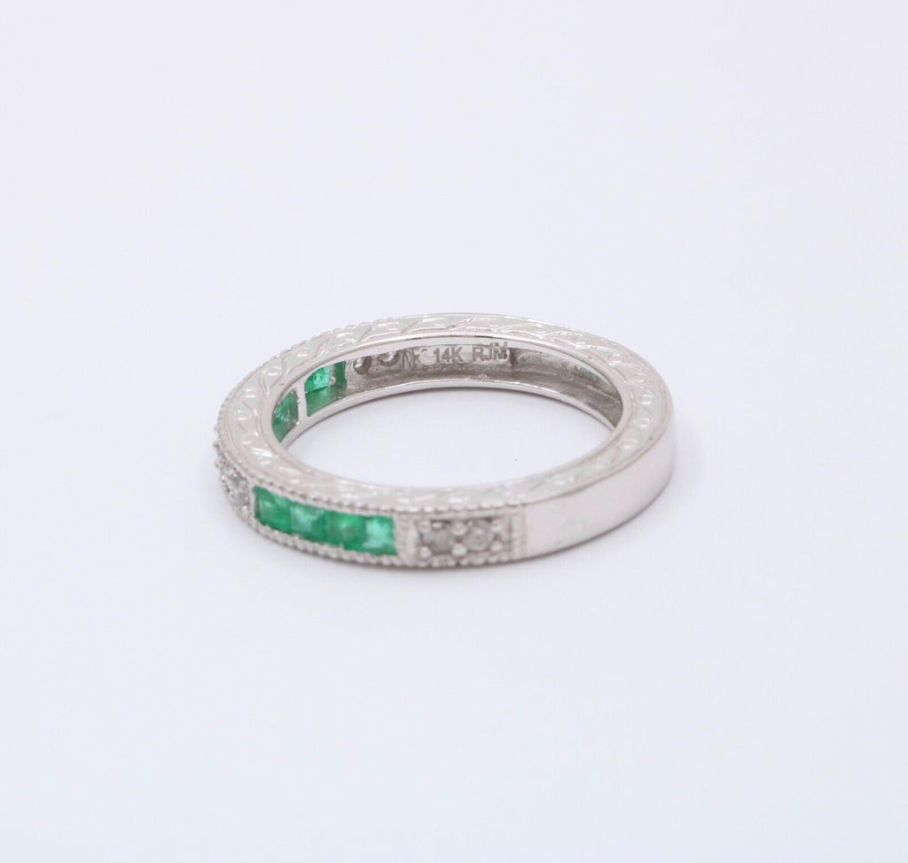 Gorgeous 14K White Gold Emerald & Diamond Half Eternity Ring Band, Wedding Band.