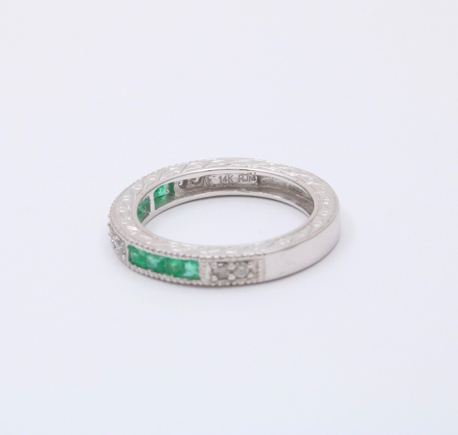 Gorgeous 14K White Gold Emerald & Diamond Half Eternity Ring Band, Wedding Band.