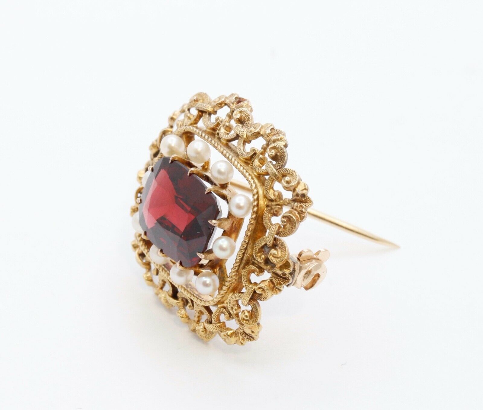 Pristine Victorian Garnet Pearls 14K Yellow Gold Brooch Pin Pendant