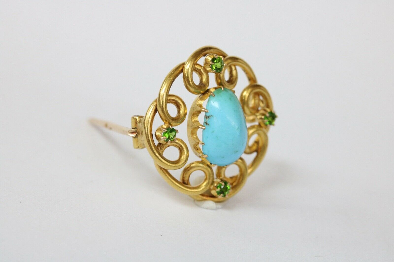 Victorian Russian Turquoise Demantoid Garnet 18K Yellow Gold Brooch Pin