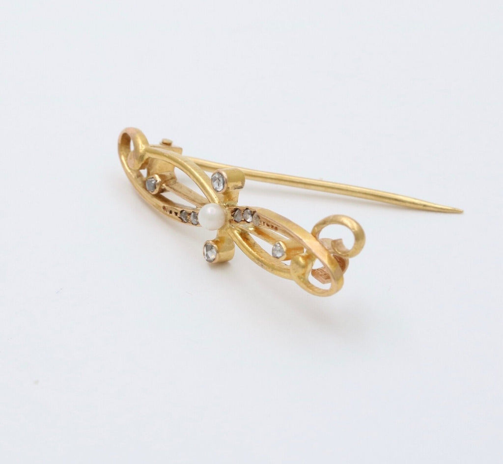 Art Nouveau Rose Cut Diamonds Pearl 14K Yellow Gold Brooch