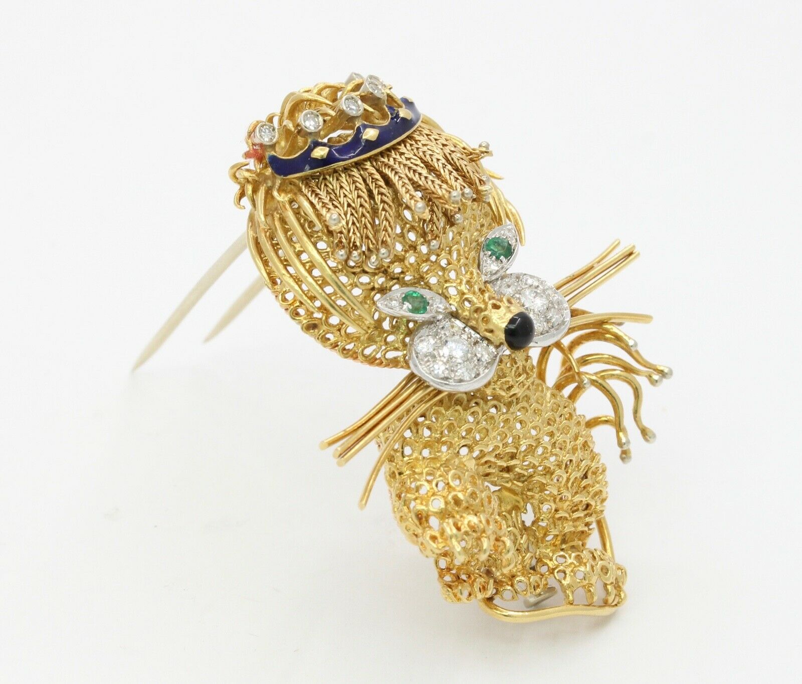 Elegant and Fun Vintage Lion Brooch 18K Diamonds Emeralds Enamel Onyx