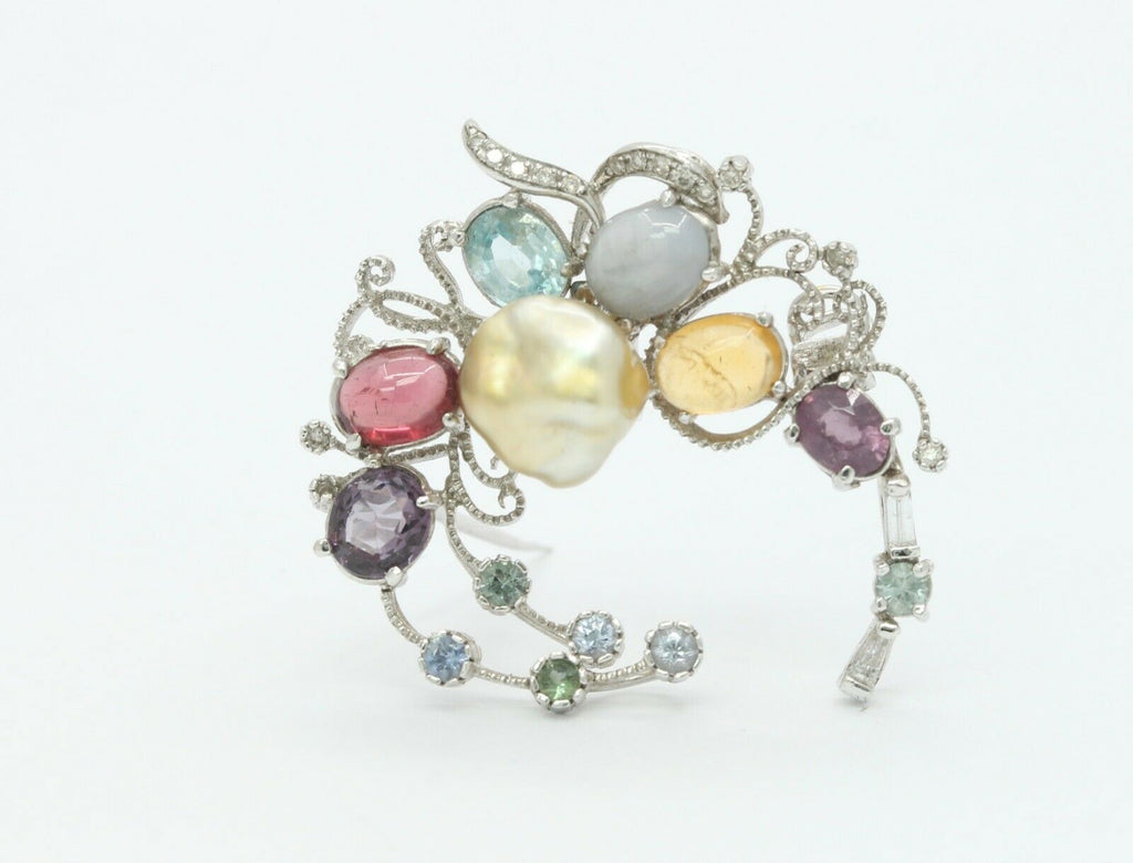 Vintage 18K White Gold Multi-Gemstone Diamond Brooch Pendant