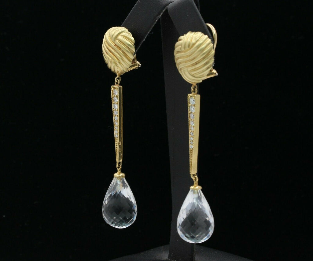 Vintage 18K Yellow Gold Diamond Rock Crystal Tear Drop Clip Earrings