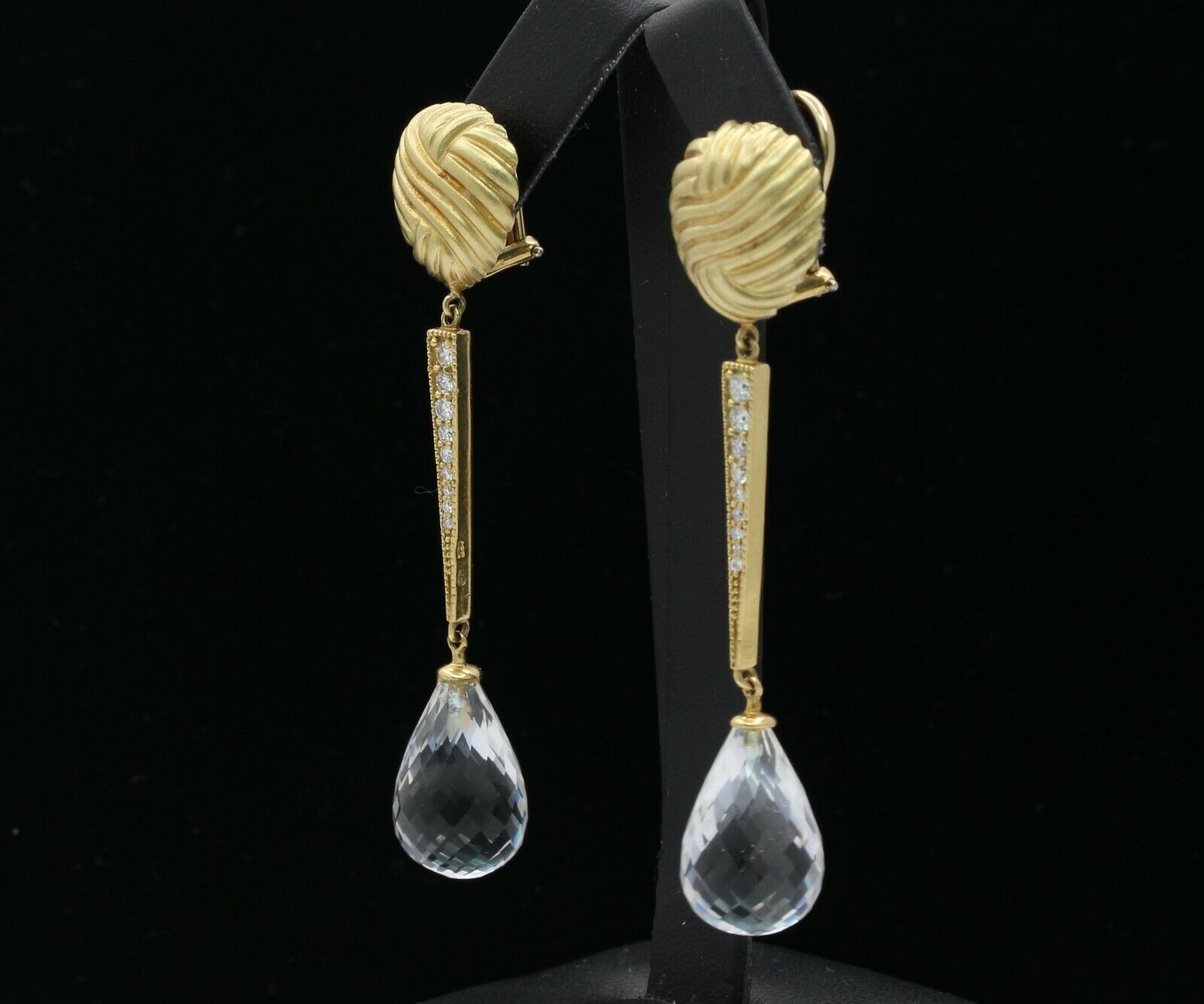 Vintage 18K Yellow Gold Diamond Rock Crystal Tear Drop Clip Earrings