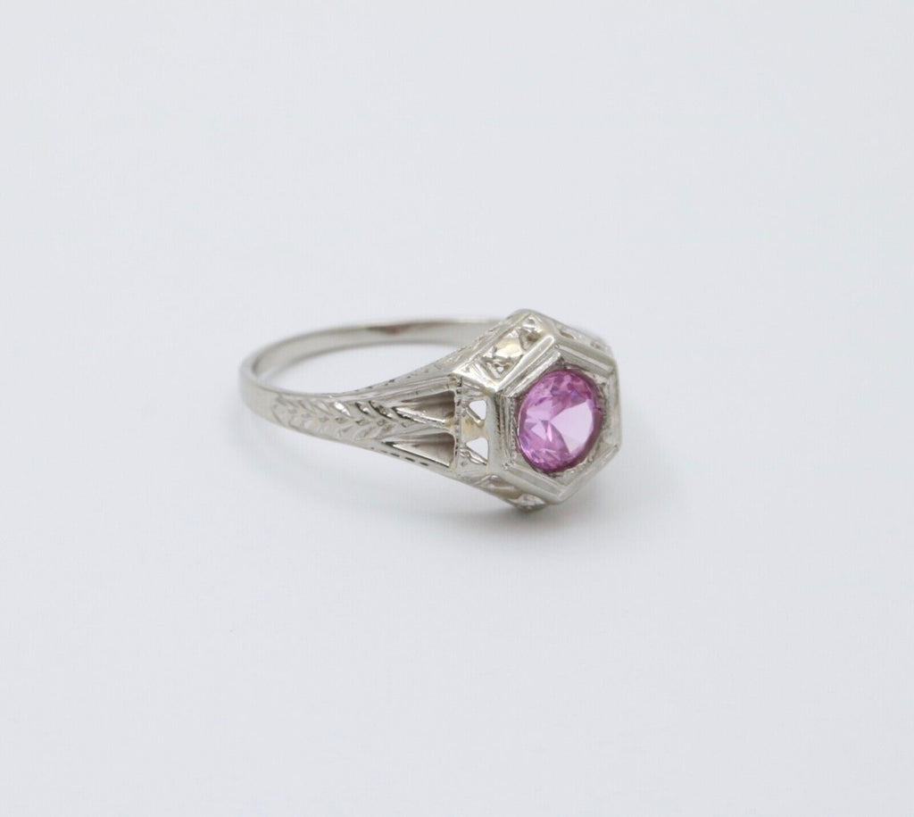 Art Deco 18K White Gold Pink Sapphire Filigree Ring Band, Engagement Ring