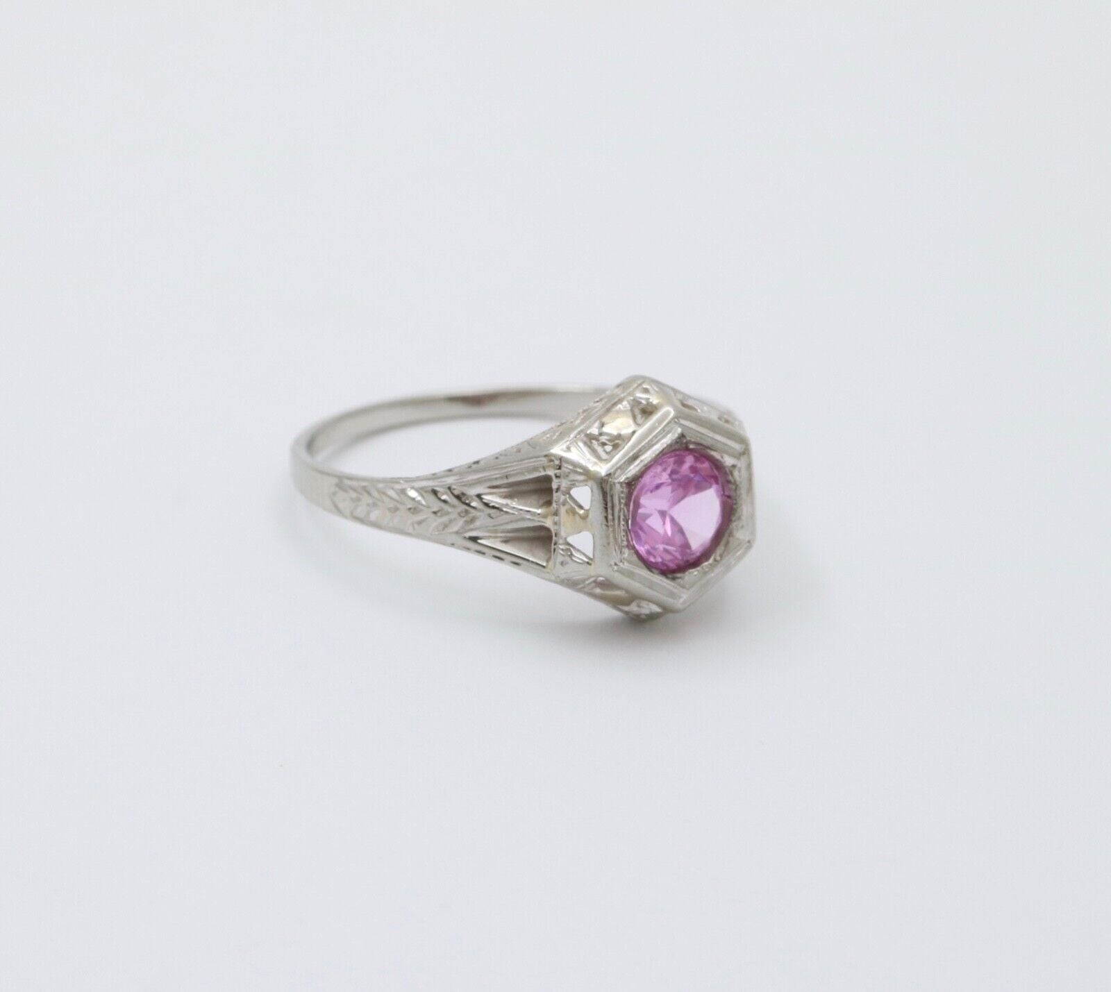 Art Deco 18K White Gold Pink Sapphire Filigree Ring Band, Engagement Ring