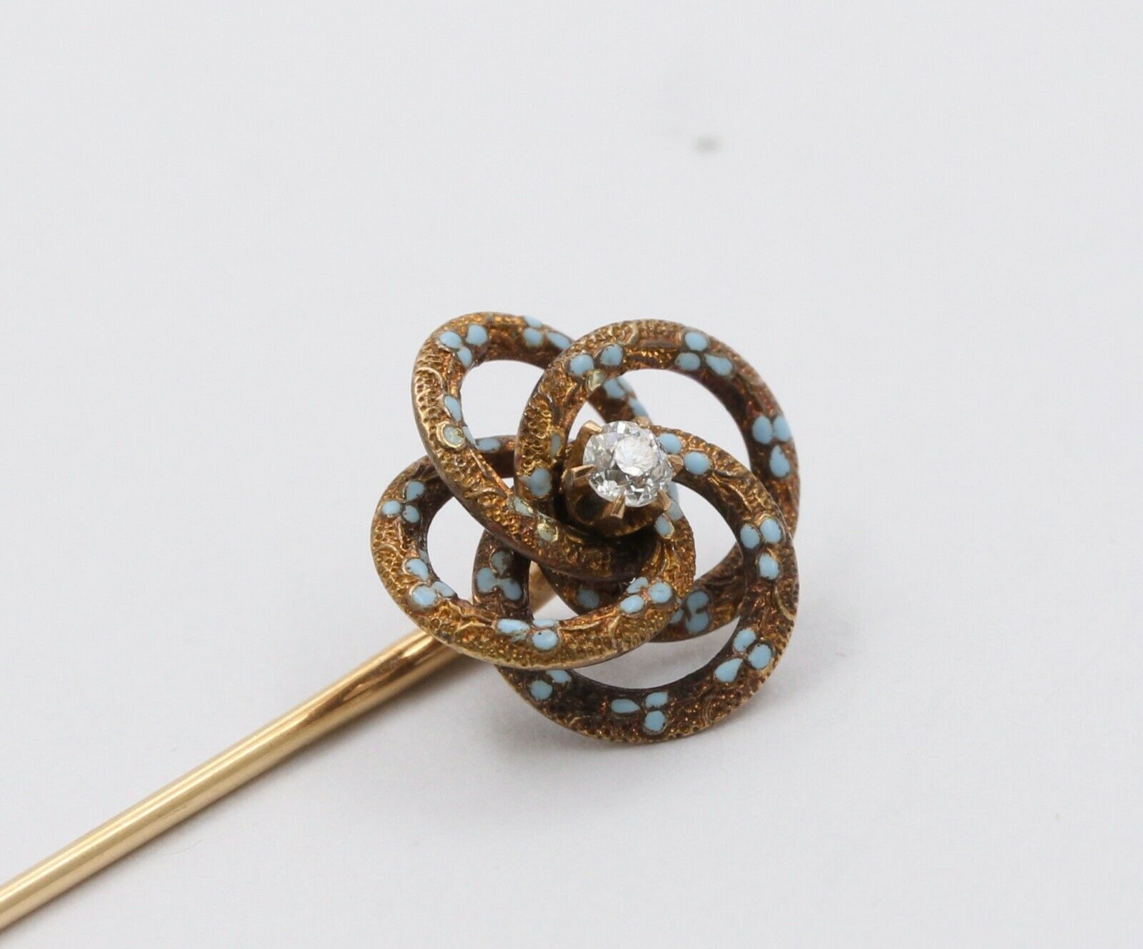 Vintage 14K Yellow Gold Diamond Enamel Stick Pin