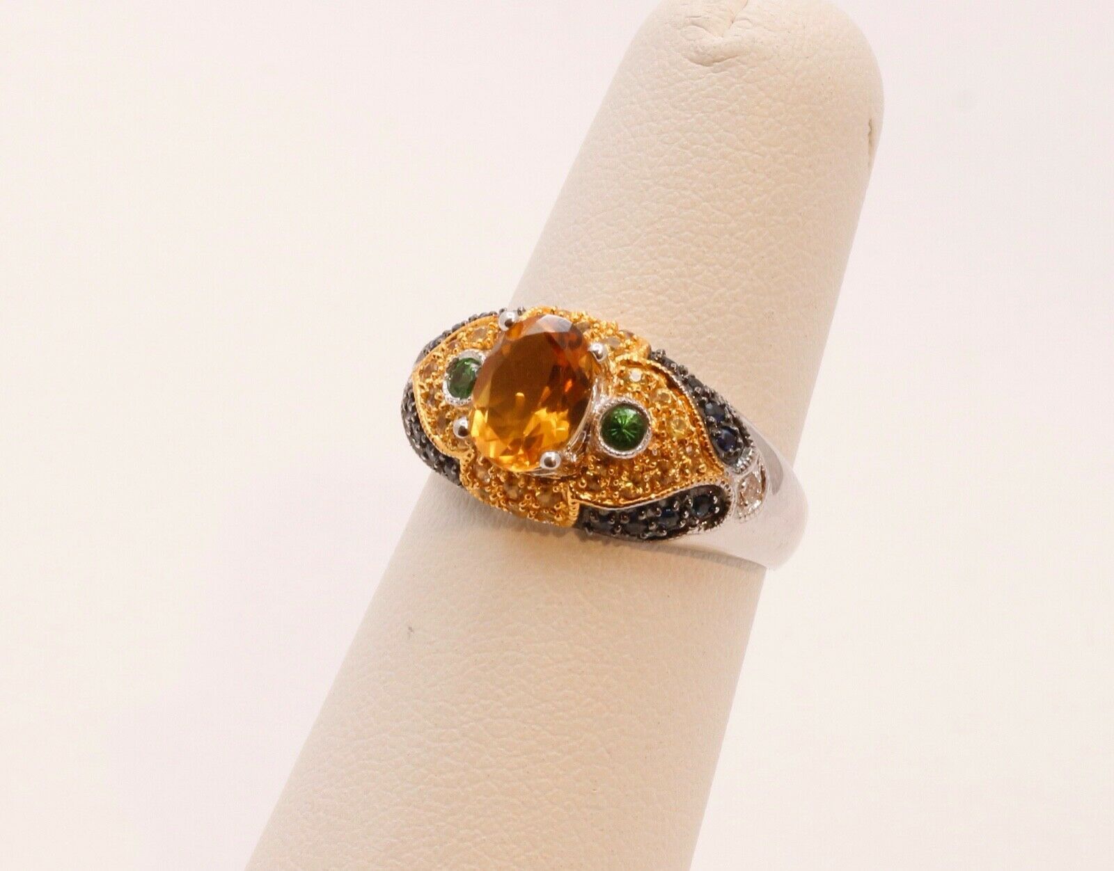 Citrine Blue Sapphires Cocktail Ring 14K White Yellow Gold Ring