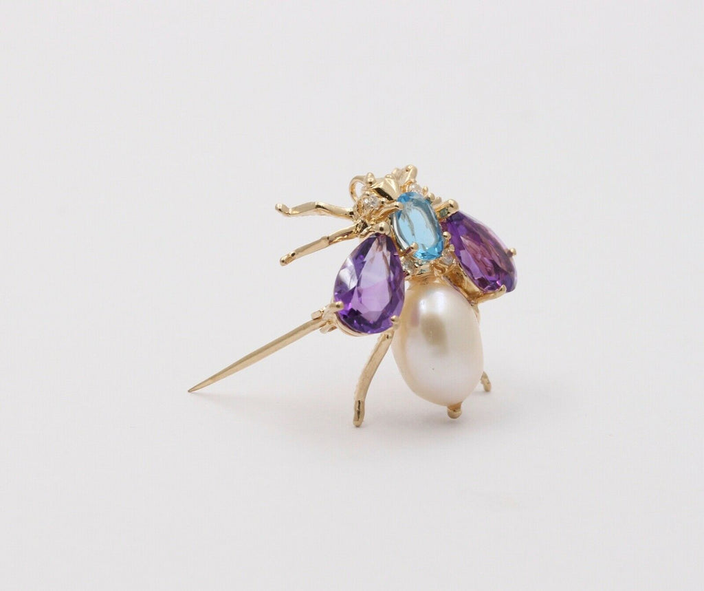 Vintage Amethyst London Blue Topaz Pearl 14K YG Honey Bee Brooch Pin