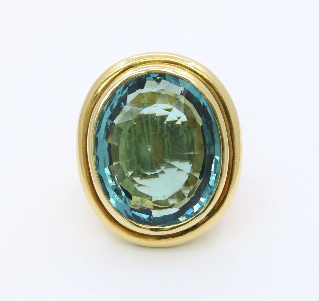 Huge Vintage Heavy 18K Yellow Gold 40+ Carat Aquamarine Ring