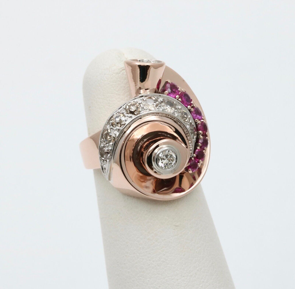 Retro 14K Rose & White Gold Diamond And Ruby Statement Spiral Ring