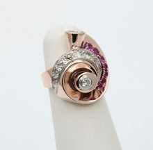 Load image into Gallery viewer, Retro 14K Rose &amp; White Gold Diamond And Ruby Statement Spiral Ring
