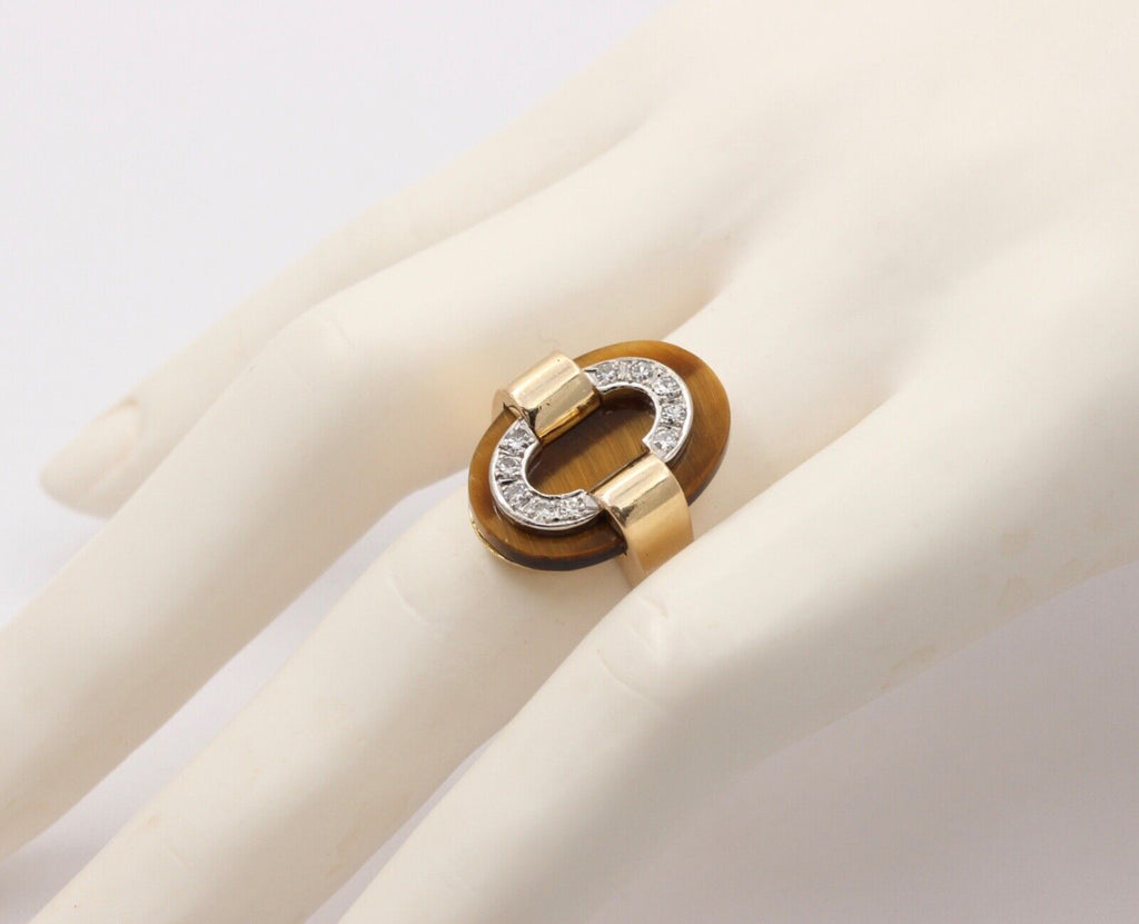 Vintage Tiger Eye 14K Yellow Gold Diamond Ring, Statement Ring