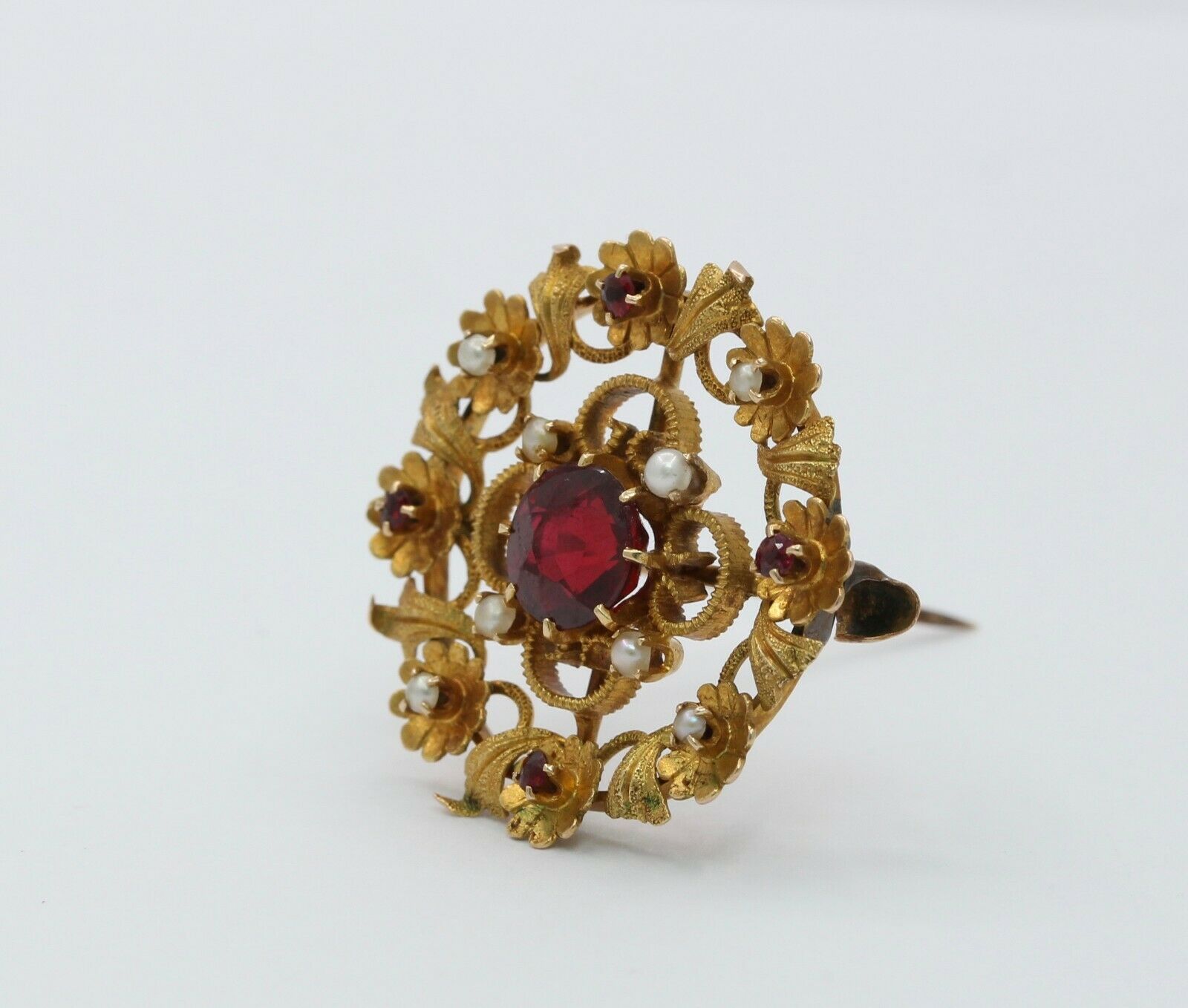 Vintage 14k Yellow Gold Garnet Seed Pearl Floral Brooch