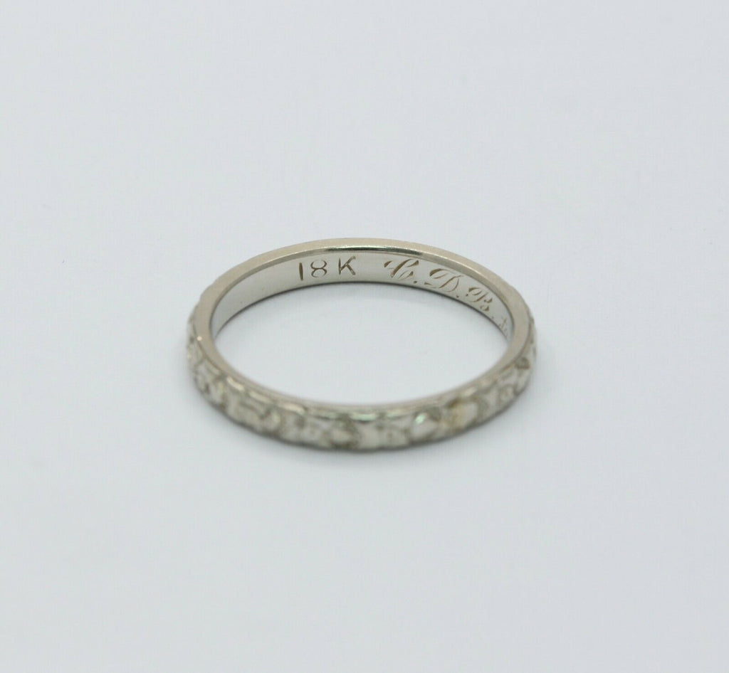 Art Deco 18K White Gold Hand Engraved Band