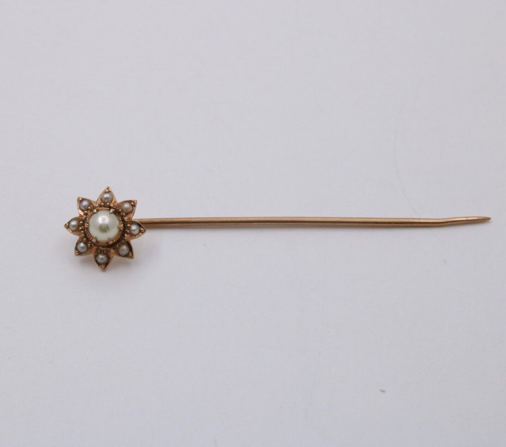 Antique 14K Yellow Gold Pearls Flower Stick Pin