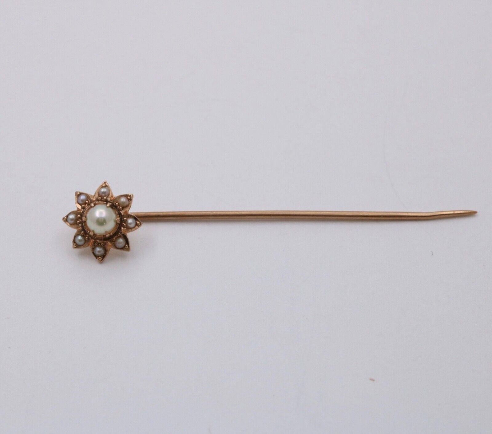 Antique 14K Yellow Gold Pearls Flower Stick Pin