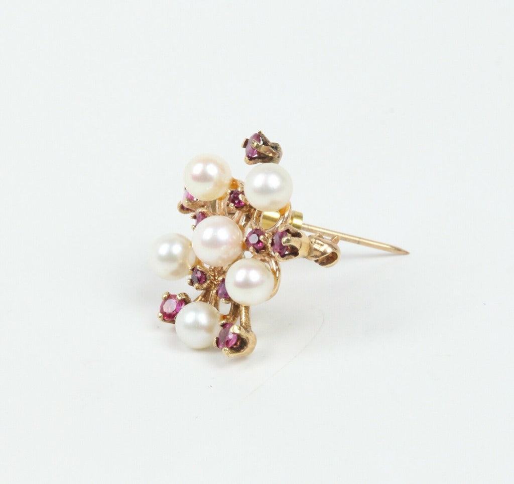 Vintage 14K Yellow Gold Rubies Cultured Pearls Pendant Brooch