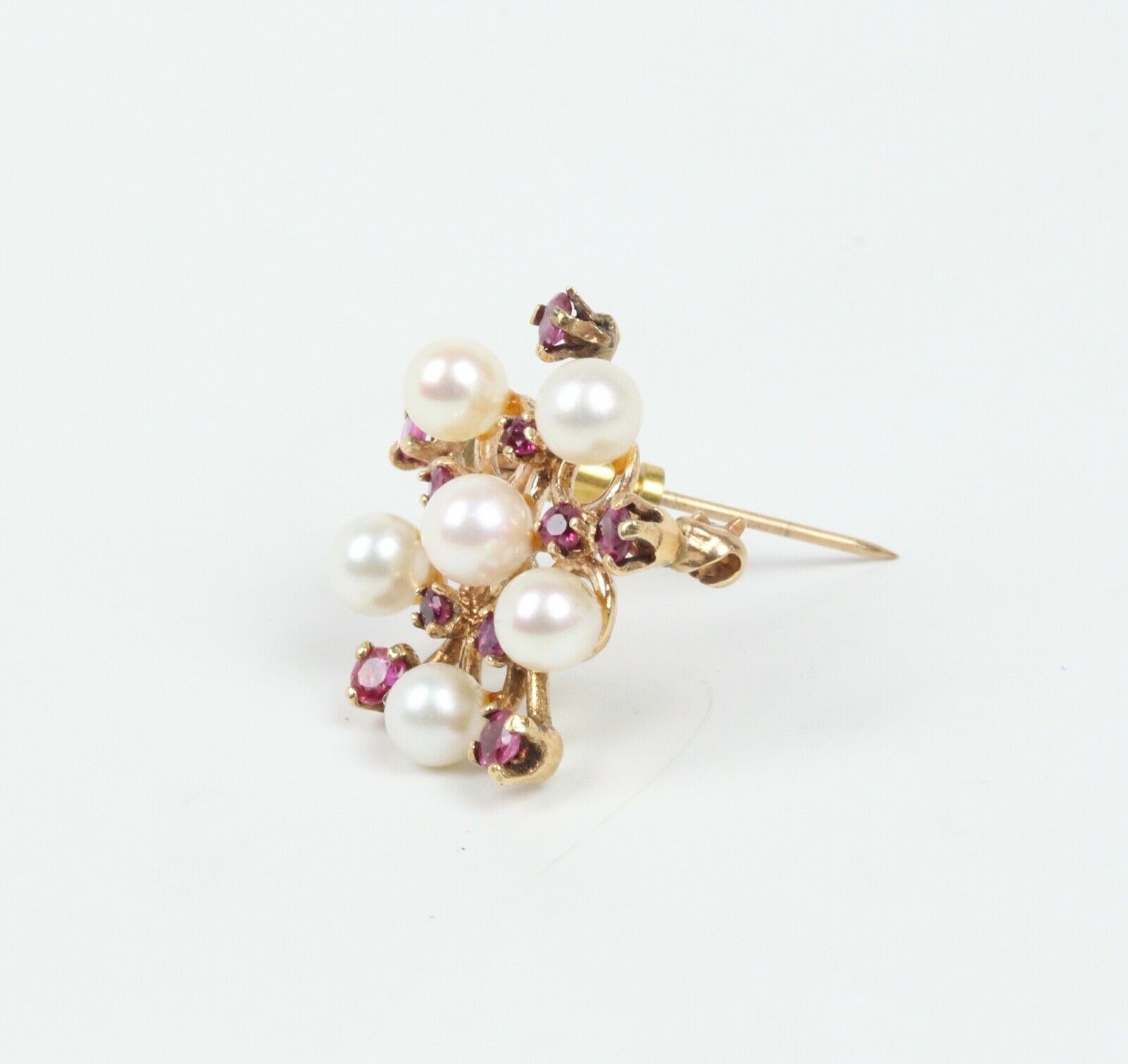 Vintage 14K Yellow Gold Rubies Cultured Pearls Pendant Brooch