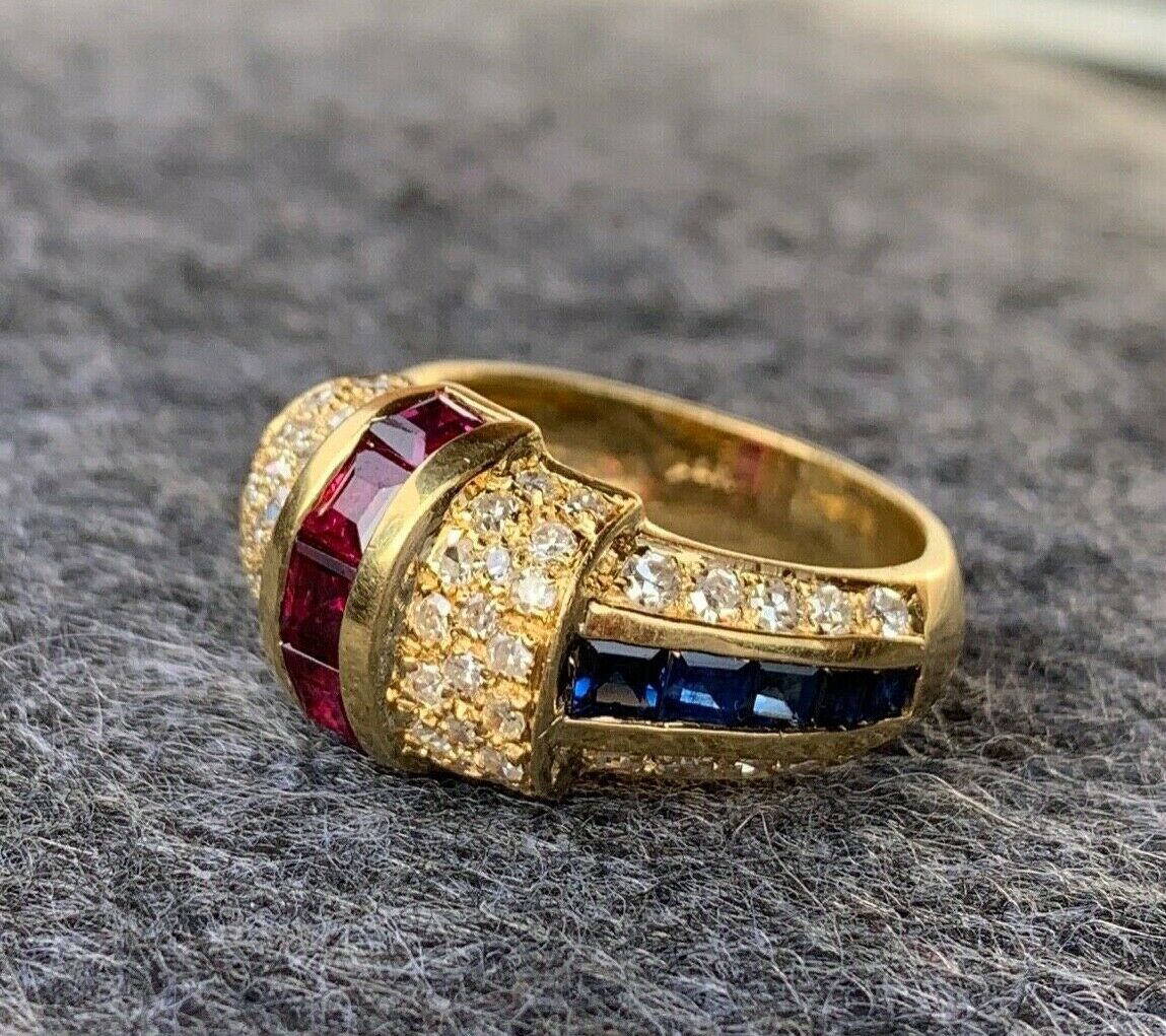 Vintage 1980’s Pave Diamond,Ruby and Sapphire Tri-Color Ring
