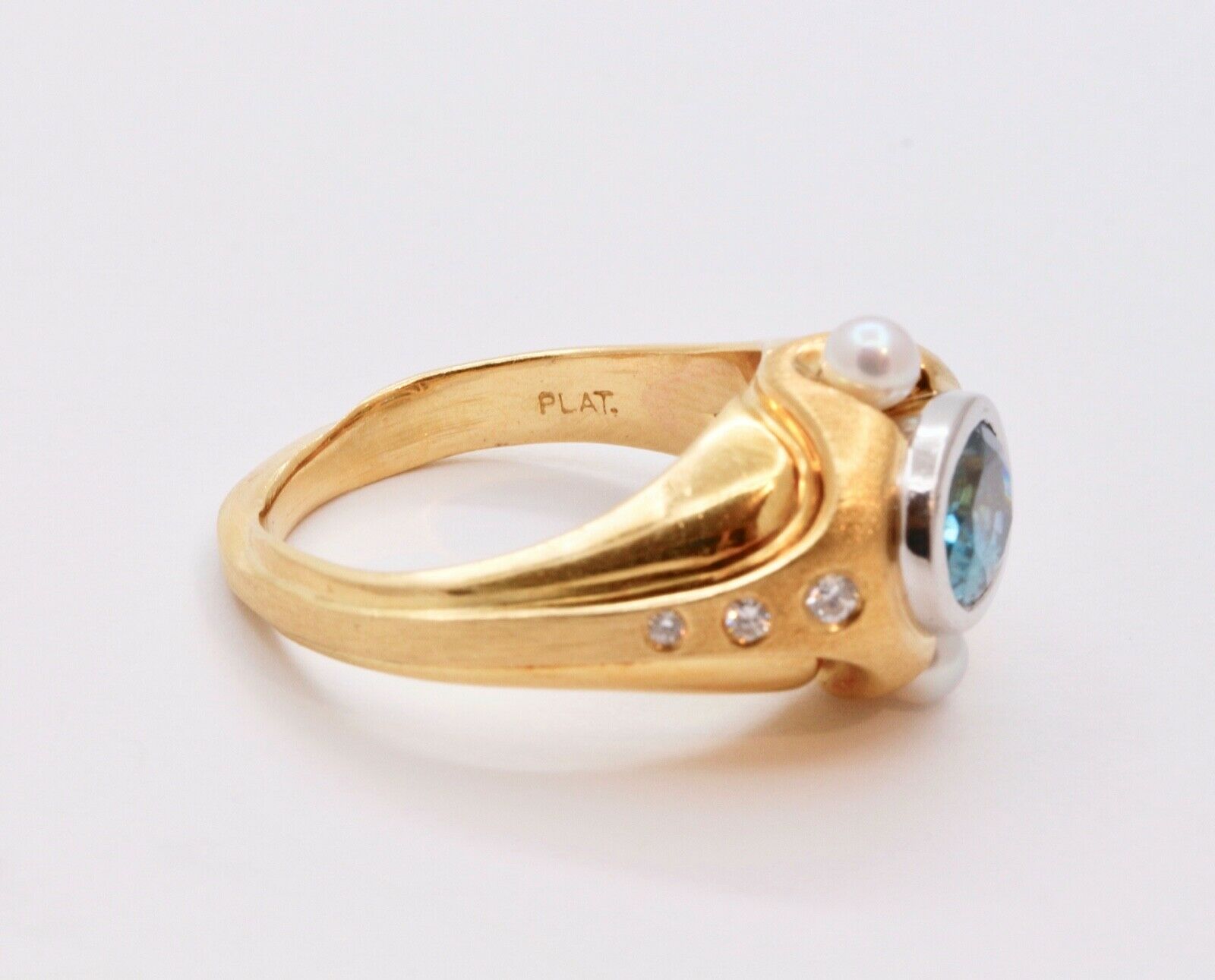 Unisex Mens Ladies Blue Zircon Diamonds Pearls Platinum 18K Yellow Gold Ring