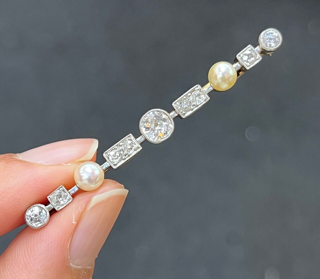 Antique Art Deco 18K Gold Diamond & Pearl Bar Pin.