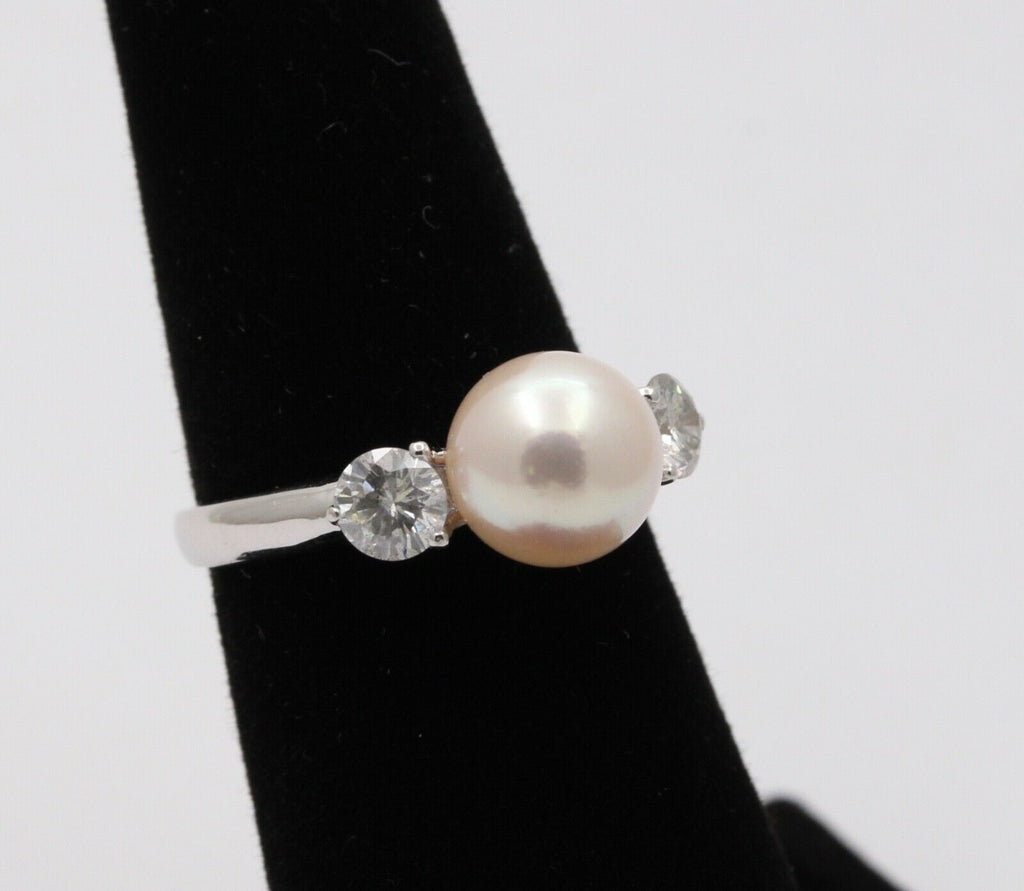Classic Vintage 18K White Gold Akoya Pearl Diamond Ring,