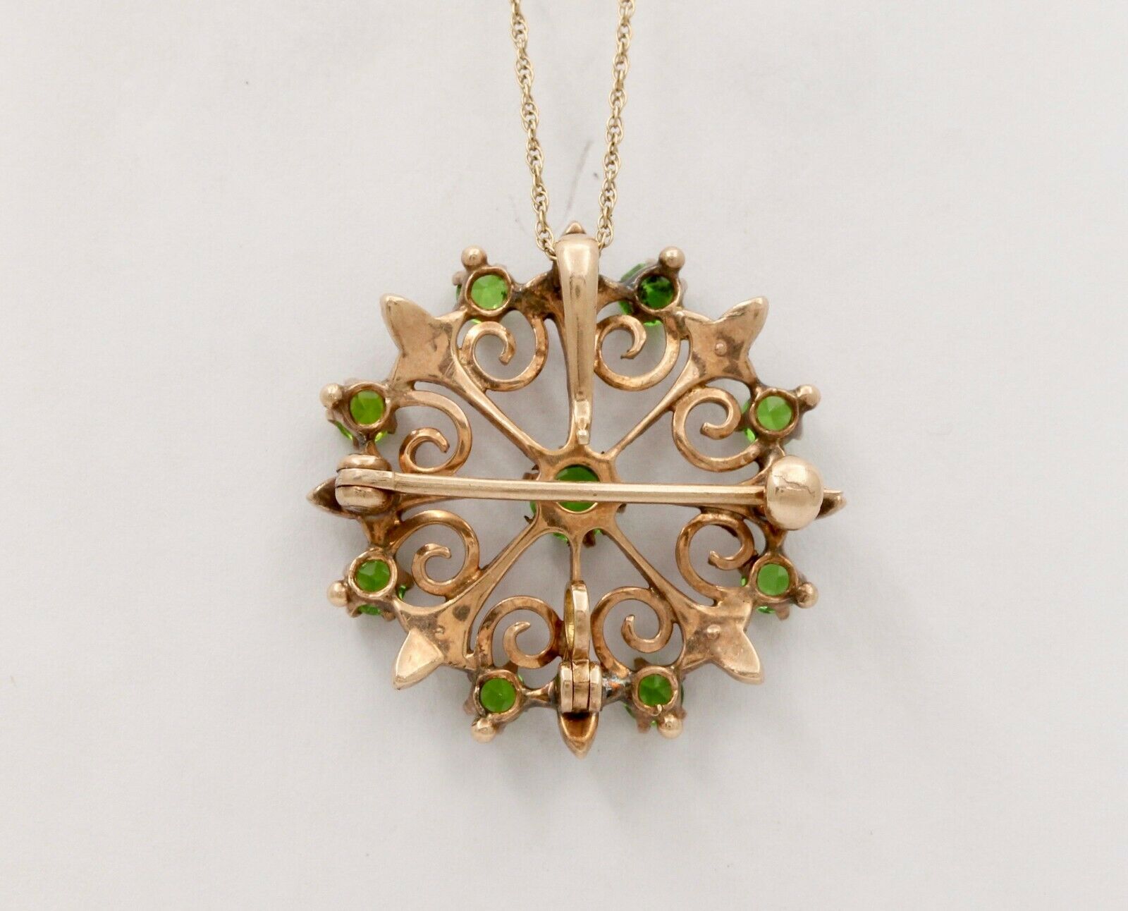 Sweet Victorian Scrolling Green Garnet And Split Pearl Brooch Pin, Pendant, Watc