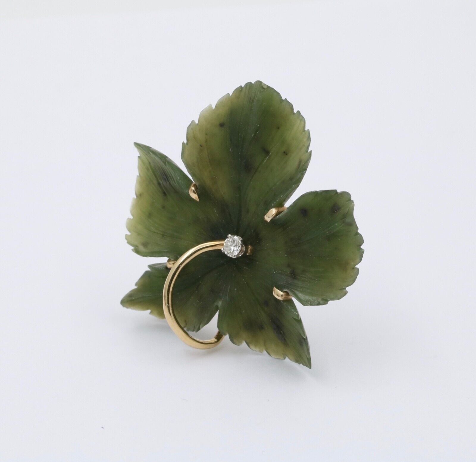 Vintage Diamond and Curved Jade 14K Yellow Gold Leaf Brooch, Pendant.
