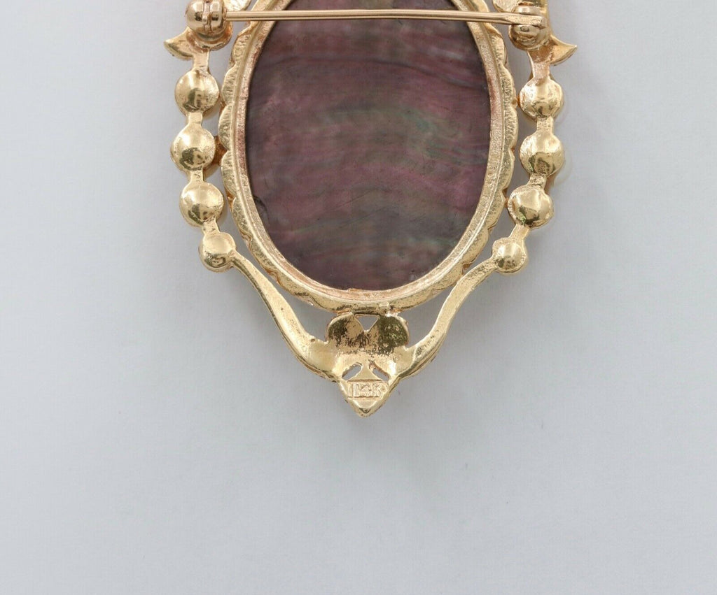 Vintage 14K Yellow Gold Carved Mother Of Pearl Cameo Brooch, Pin.