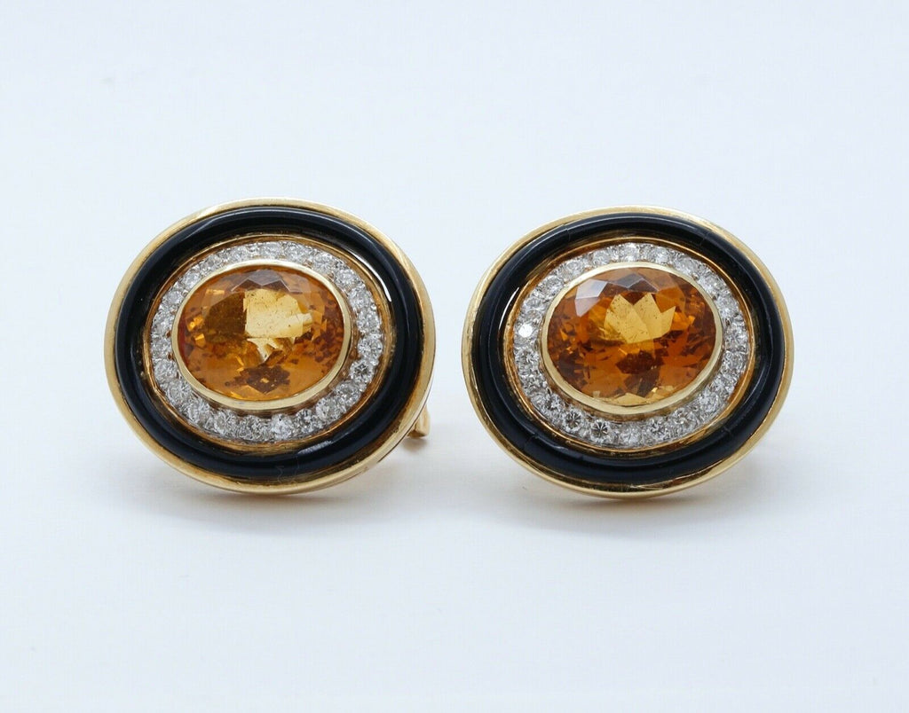 Vintage 18K Yellow Gold Citrine Diamonds Onyx Earrings