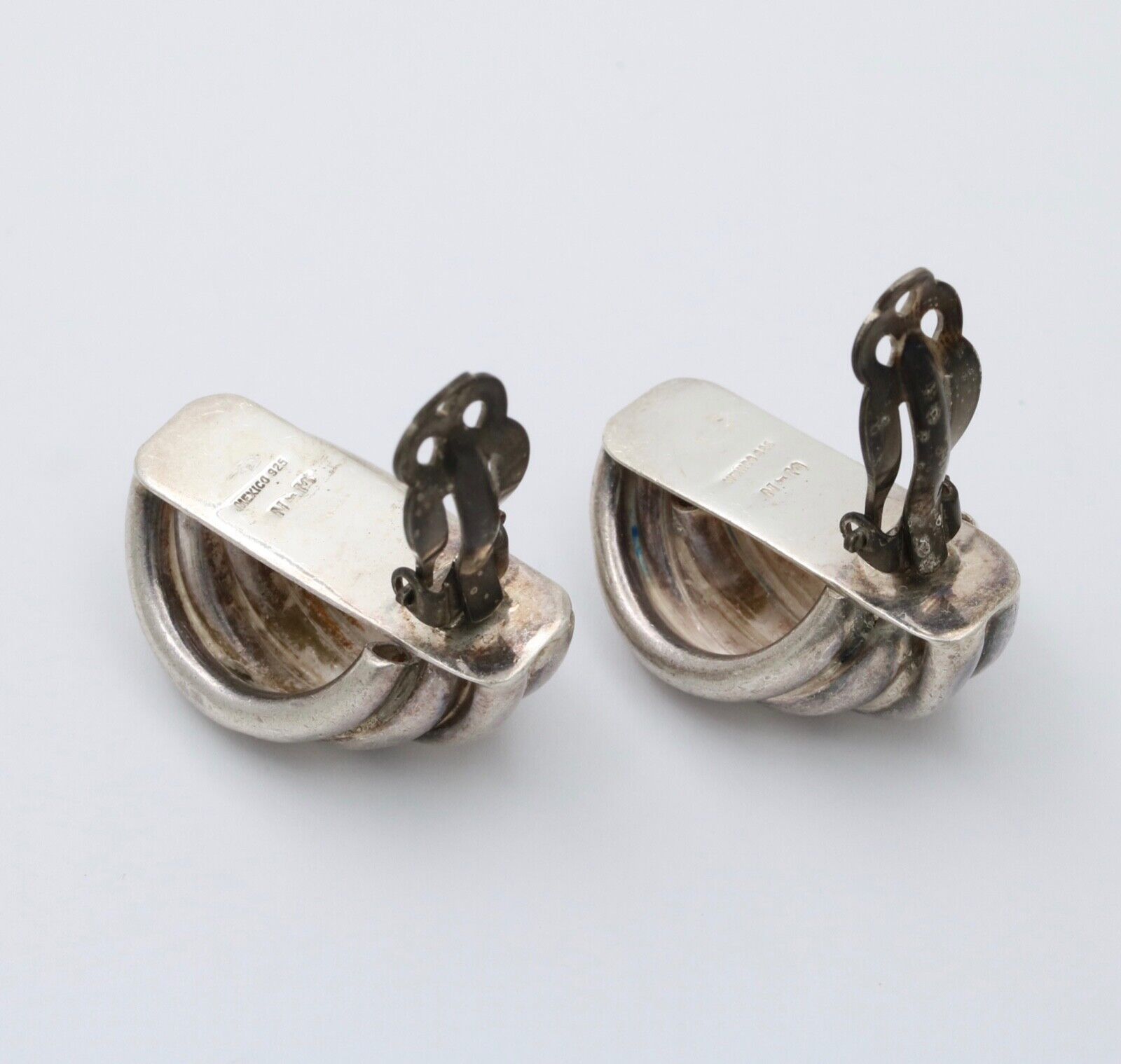 Vintage Mexico Sterling Silver Geometric Large Clip On Earrings