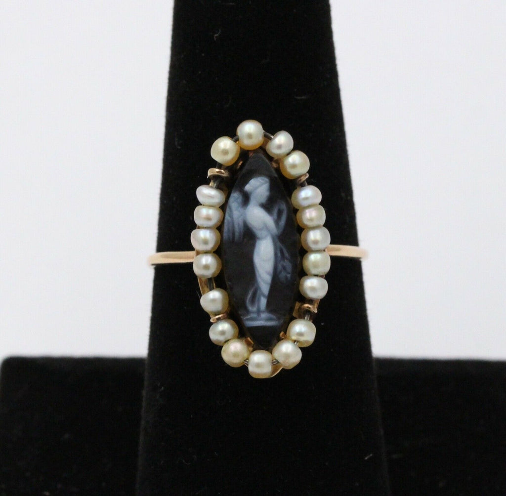 Victorian Navette Cameo Agate Natural Pearls 14K Yellow Gold Ring