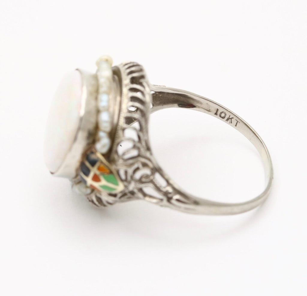 Antique Art Deco 10K White Gold Opal and Pearl Enamel Ring.