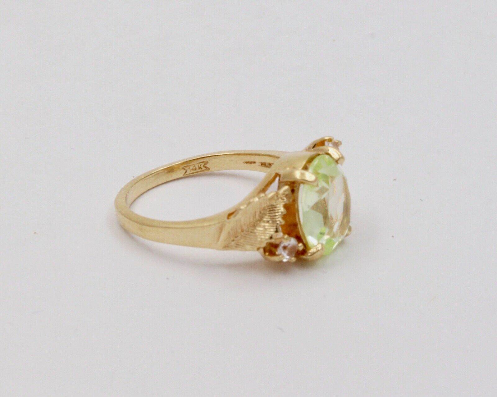 Vintage Leaf motif Man Made Lime yellow cushion cut stone and Diamond Gold Ring