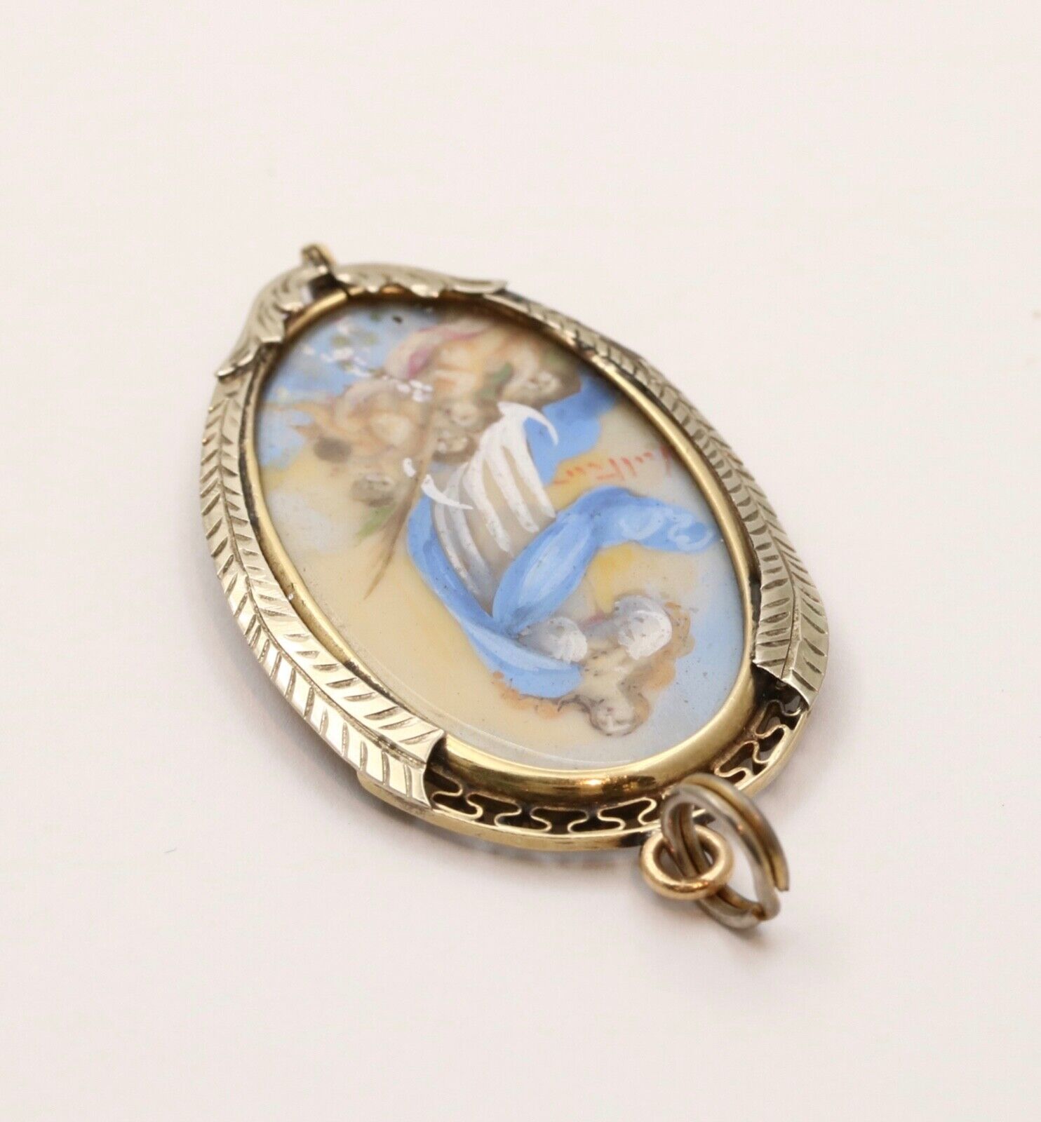 Antique Virgin Mary and Cherubs Portrait 18K YG WG Pendant