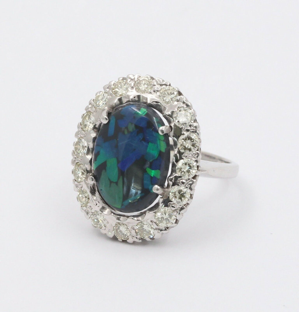 Vintage 14K White Gold Australian Black Opal Diamond Halo Setting Cocktail Ring