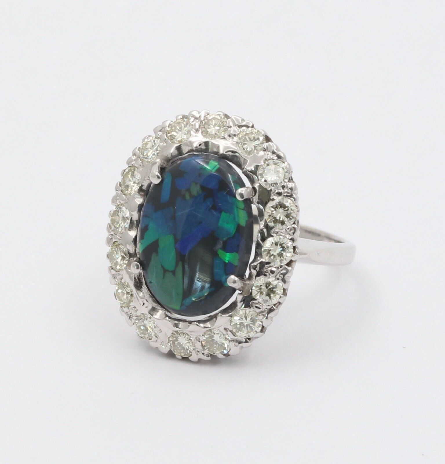 Vintage 14K White Gold Australian Black Opal Diamond Halo Setting Cocktail Ring