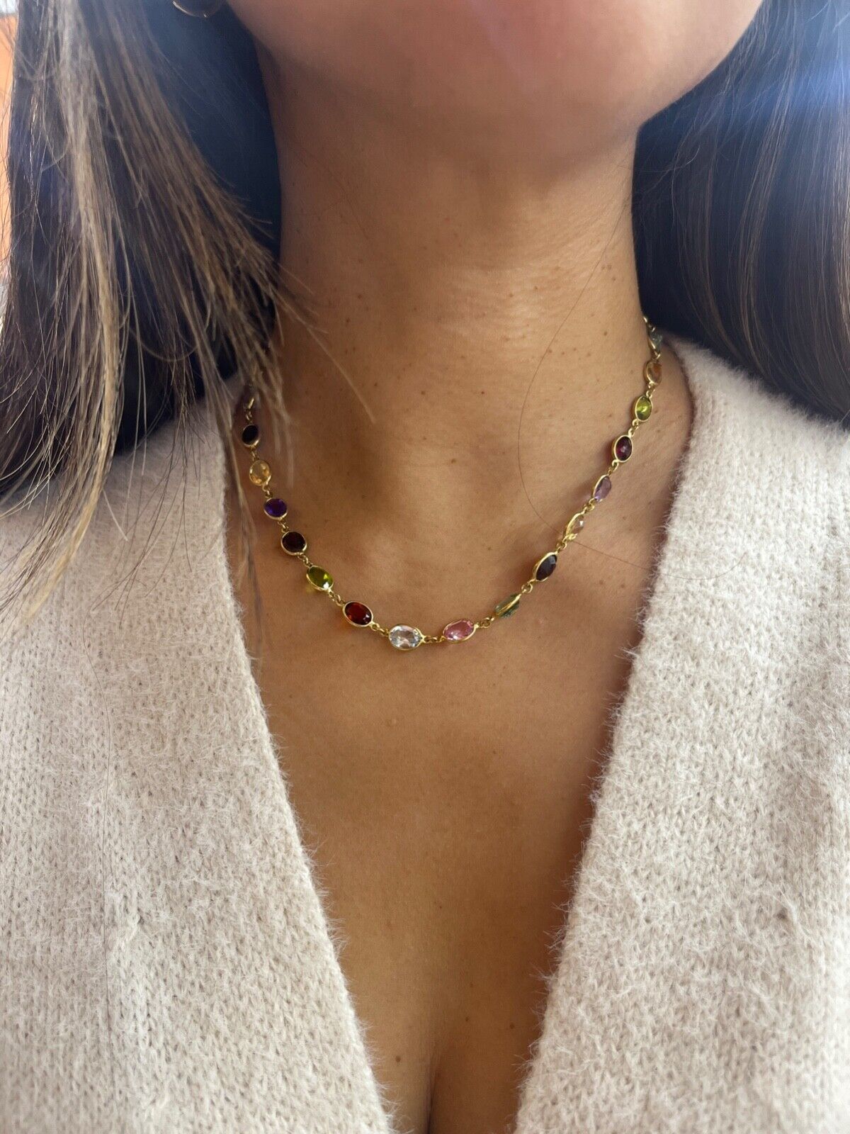 Vintage Multi Color Gemstone 18K Yellow Gold Station Necklace