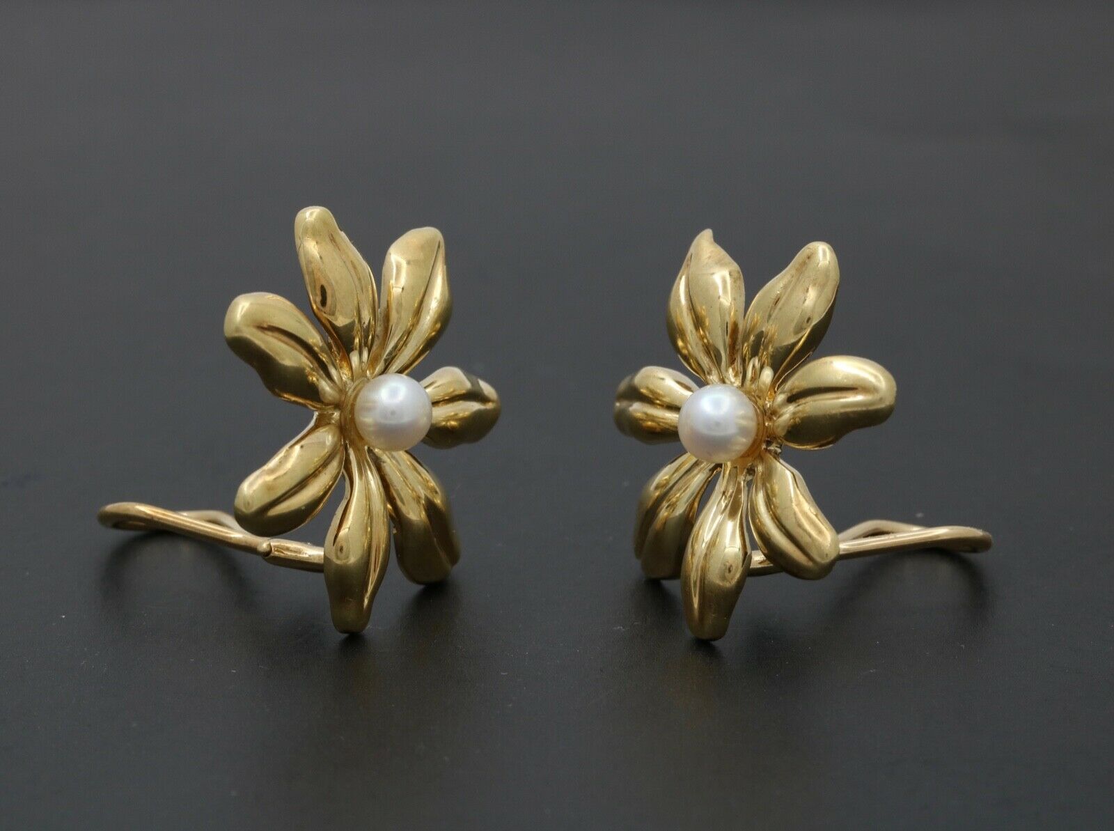 Tiffany and Co. Flower 18K Yellow Gold Pearl French Clip Earrings
