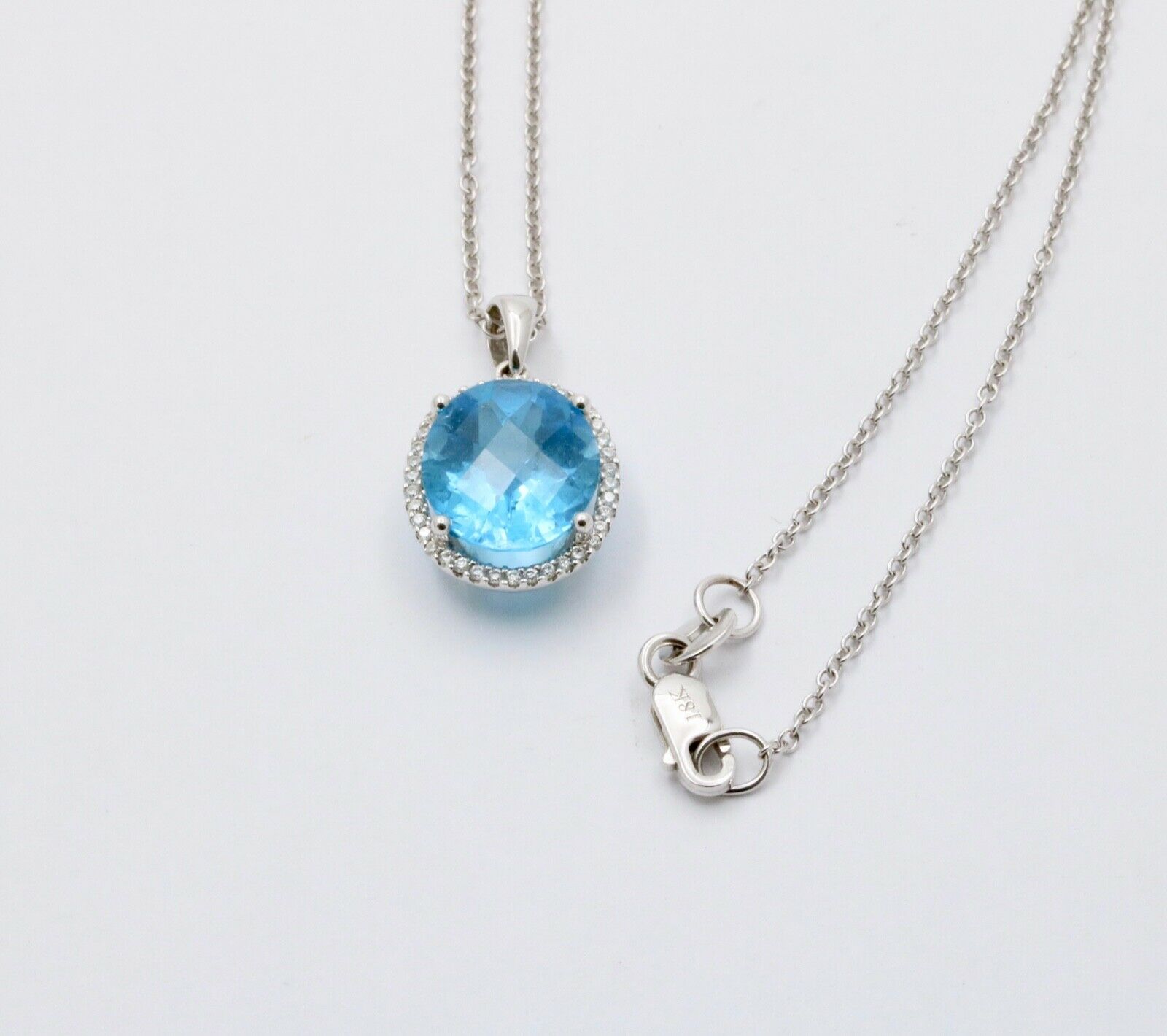 Classic 14K White Gold blue Topaz Diamond Halo Pendant Necklace.